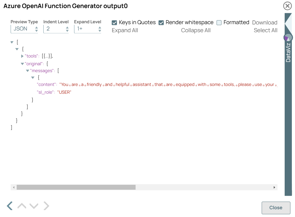 Azure OpenAI Function Generator Snap output