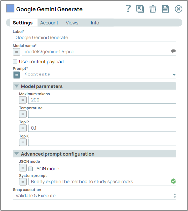 Google Gemini Generate Snap configuration
