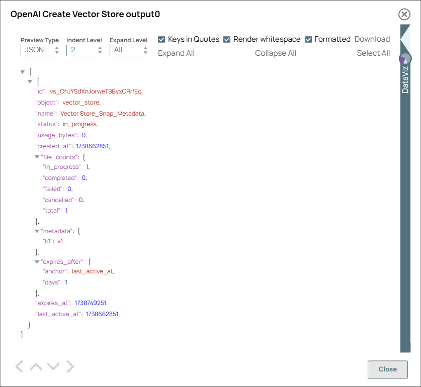 OpenAI Create Vector Store Snap output