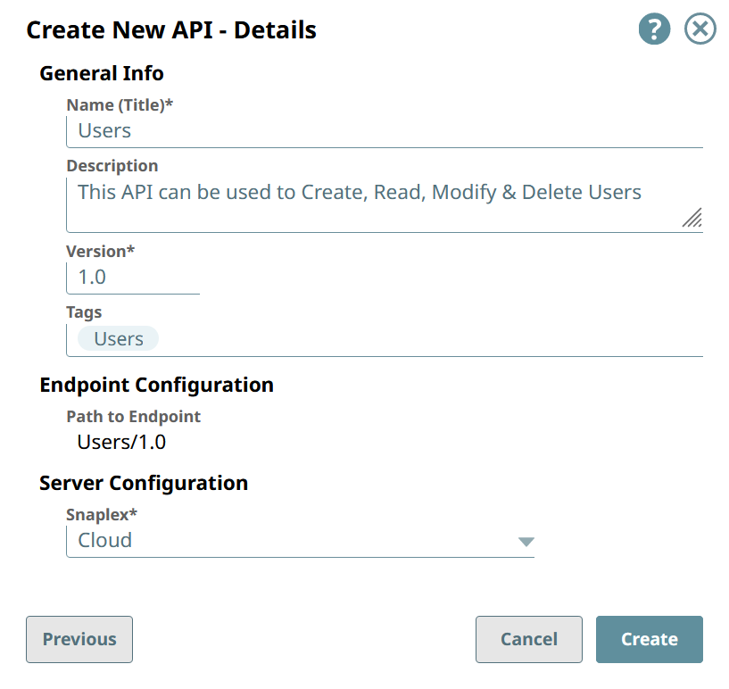 Create New API - Details dialog