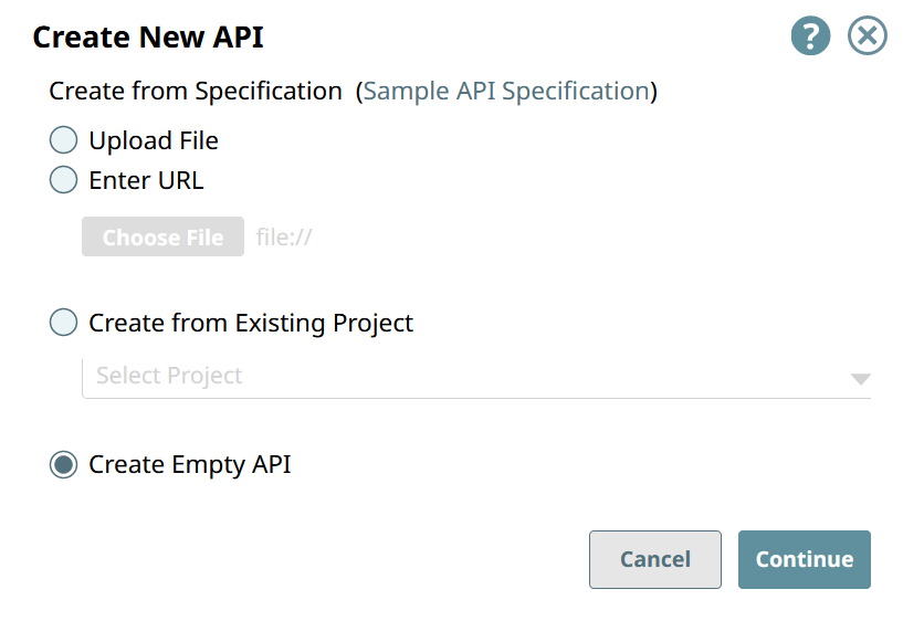 Create New API dialog