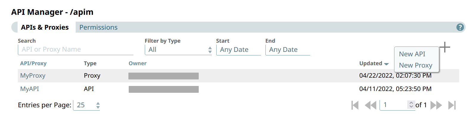 New API or New Proxy dropdown