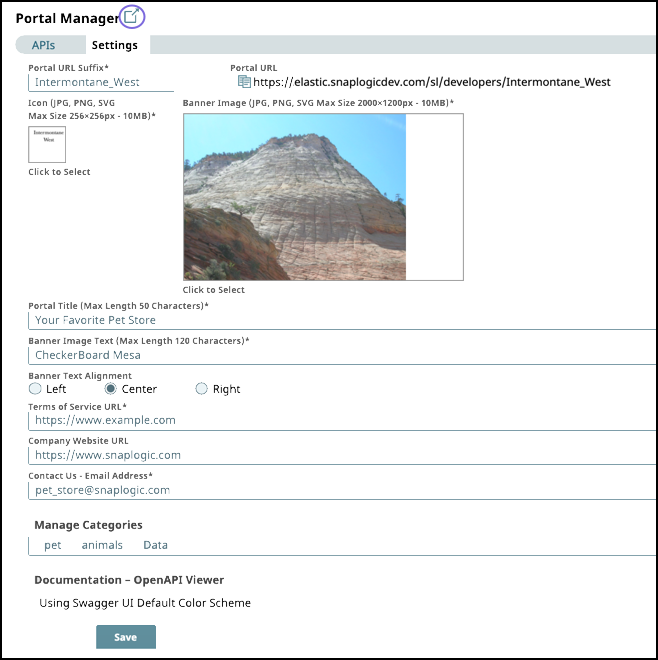 Portal Manager settings page