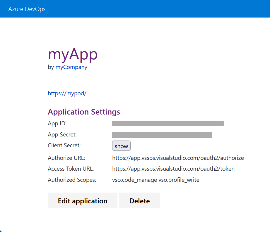 Application Settings of the newly registered app
