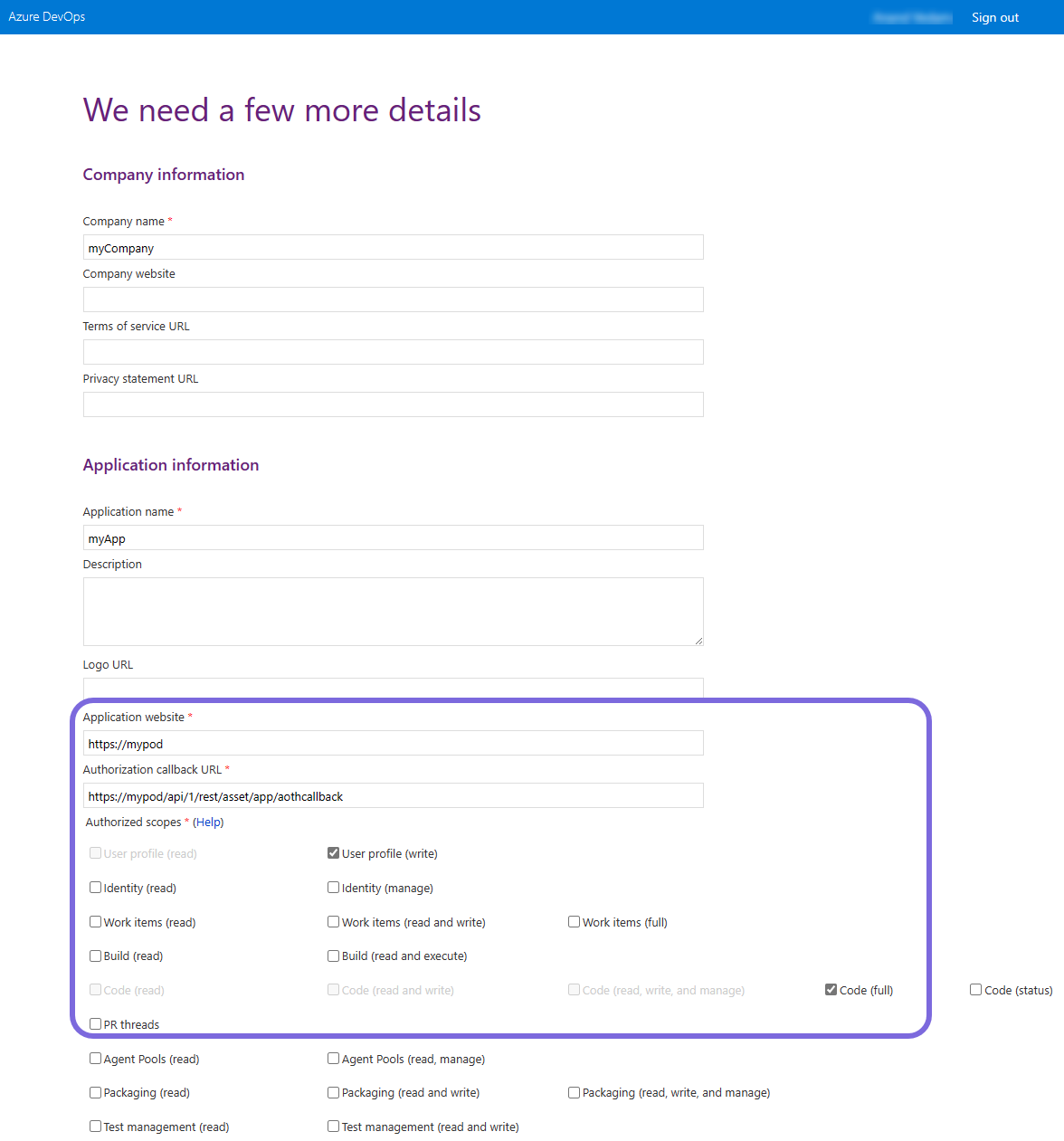 Register an app - details form