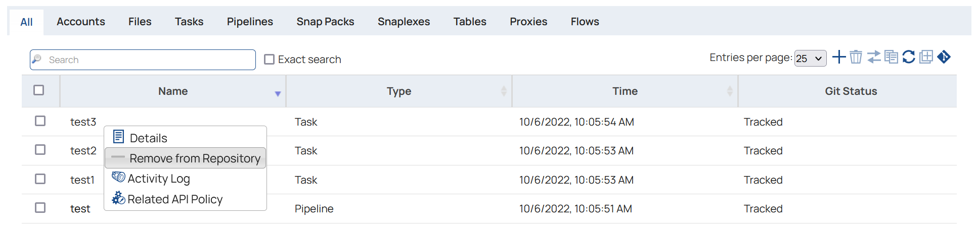 Asset table - asset menu - Remove from Repository