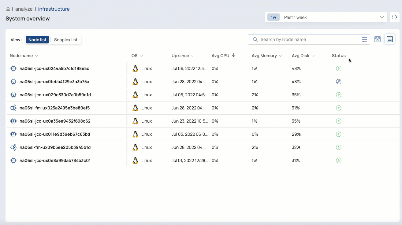 Infrastructure System overview showing the settings menu for a node