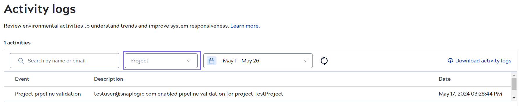Pipeline validation activity log
