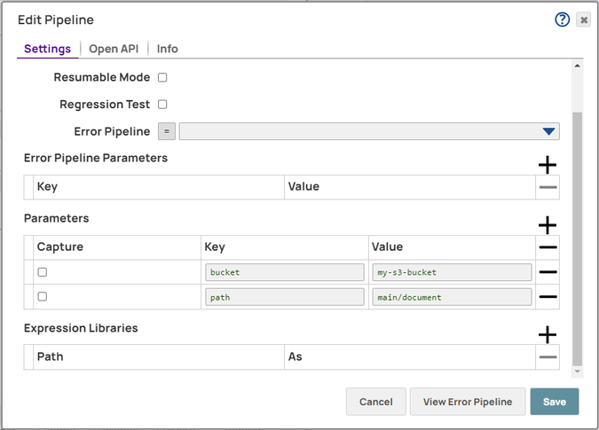 Parameters in pipeline settings