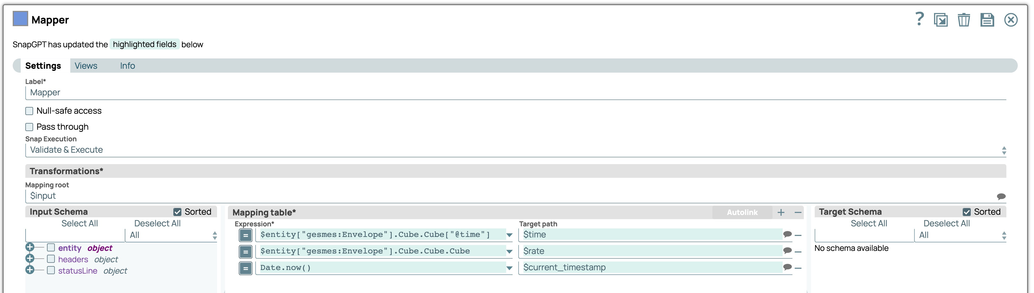 Updated Mapping table in the Mapper Snap