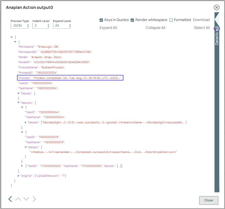 Anaplan Action Snap Output