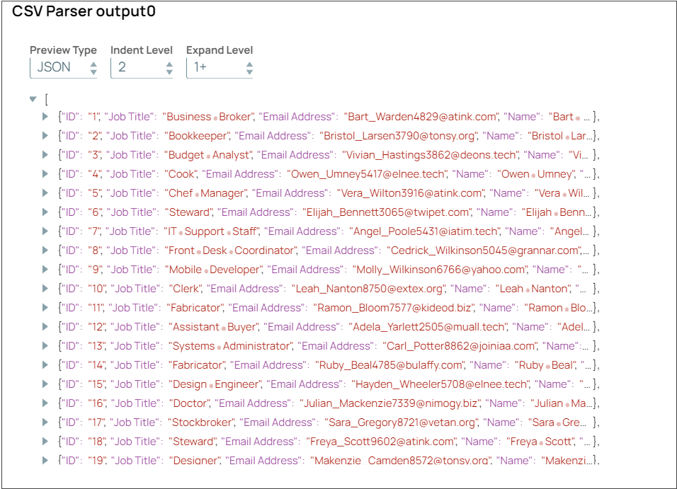 CSV Parser Snap Output