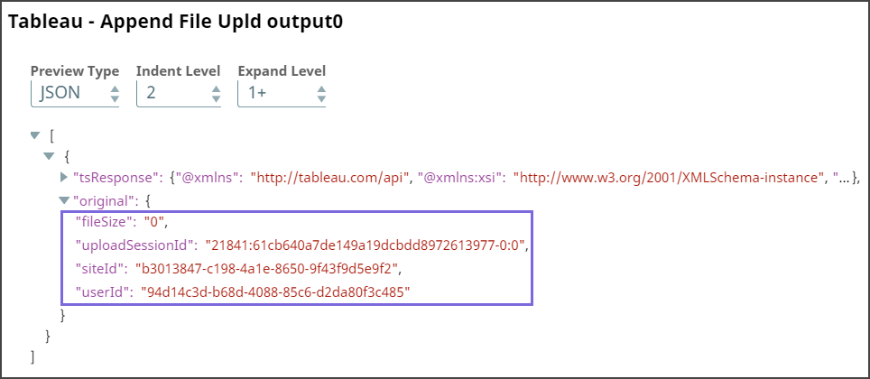 Tableau REST Snap Output