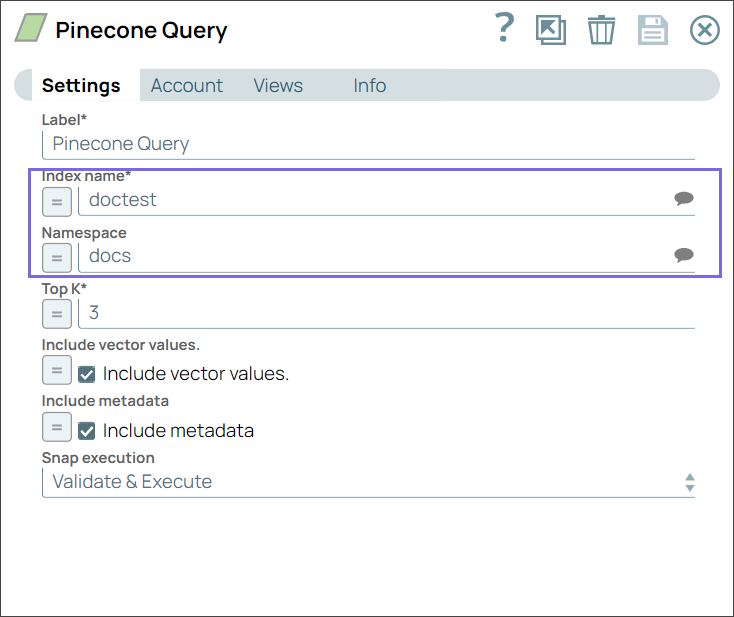Pinecone Query Snap Configuration