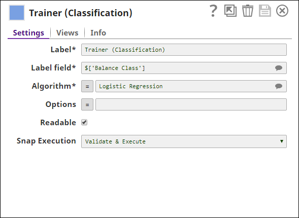 Trainer (Classification) Snap dialog