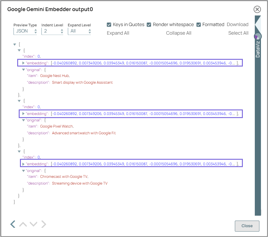 Google Gemini Embedder Snap Output