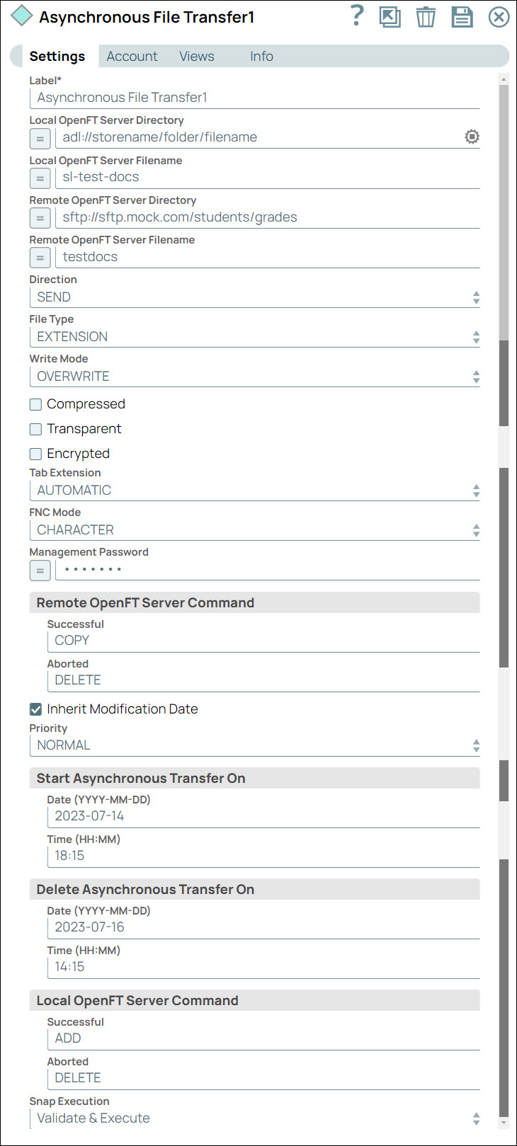 Asynchronous file transfer Snap Settings dialog
