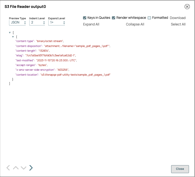 S3 File Reader Snap Output