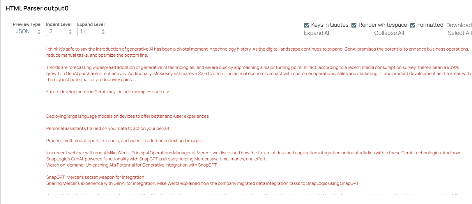 HTML Parser Snap Output