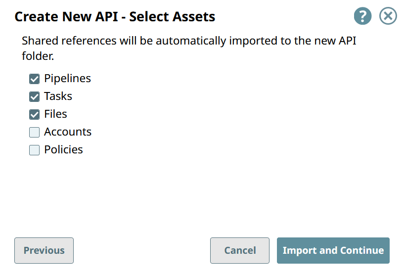 Create New API - Select Assets dialog