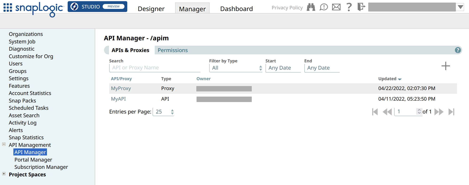 The APIs and Proxies tab of the API Manager