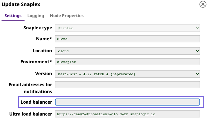 Update Snaplex dialog - Settings tag - Load Balancer field