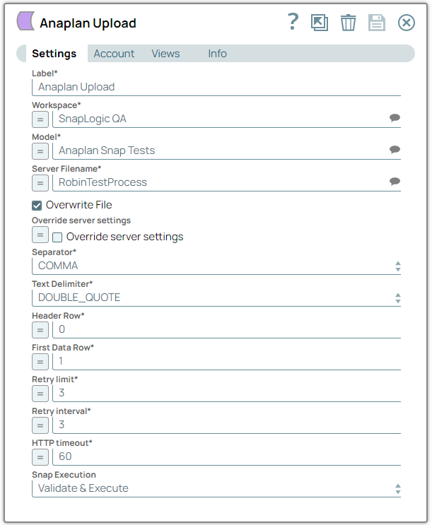 Anaplan Upload Snap Configuration