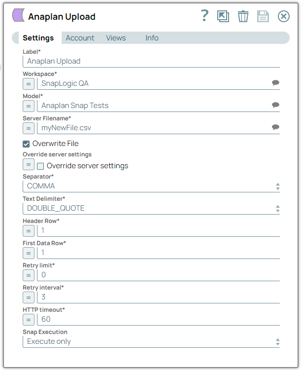 Anaplan Upload Snap Configuration