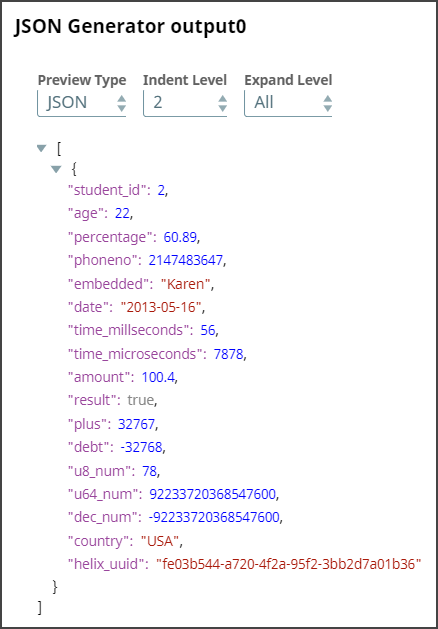 JSON Generator Snap Output