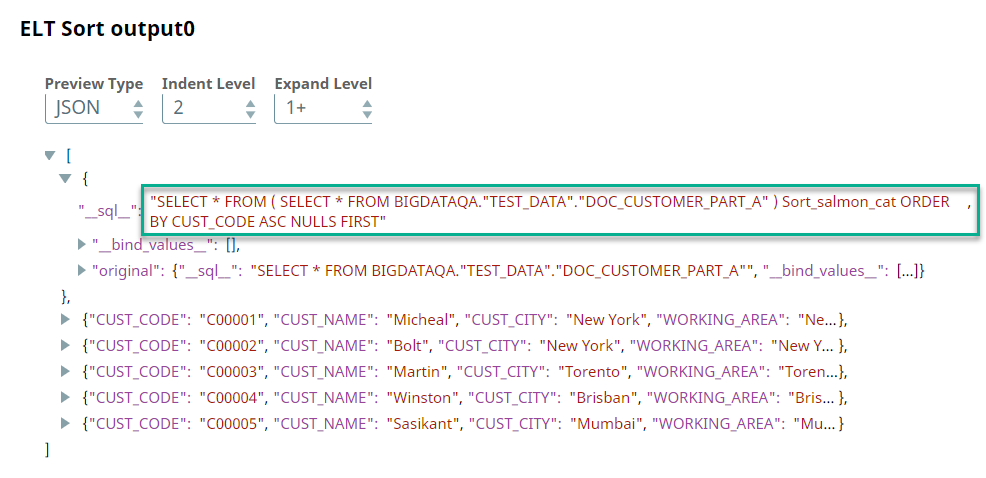 Output ELT Sort in example Pipeline