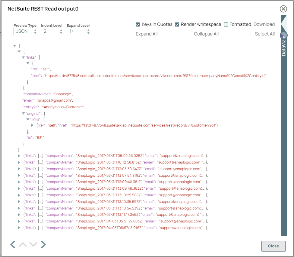 NetSuite Read Snap Output