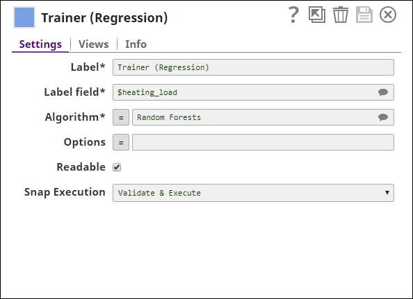 Trainer (Regression) Snap dialog