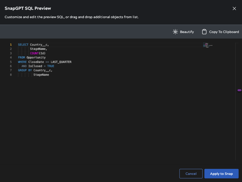 Preview panel with SQL query