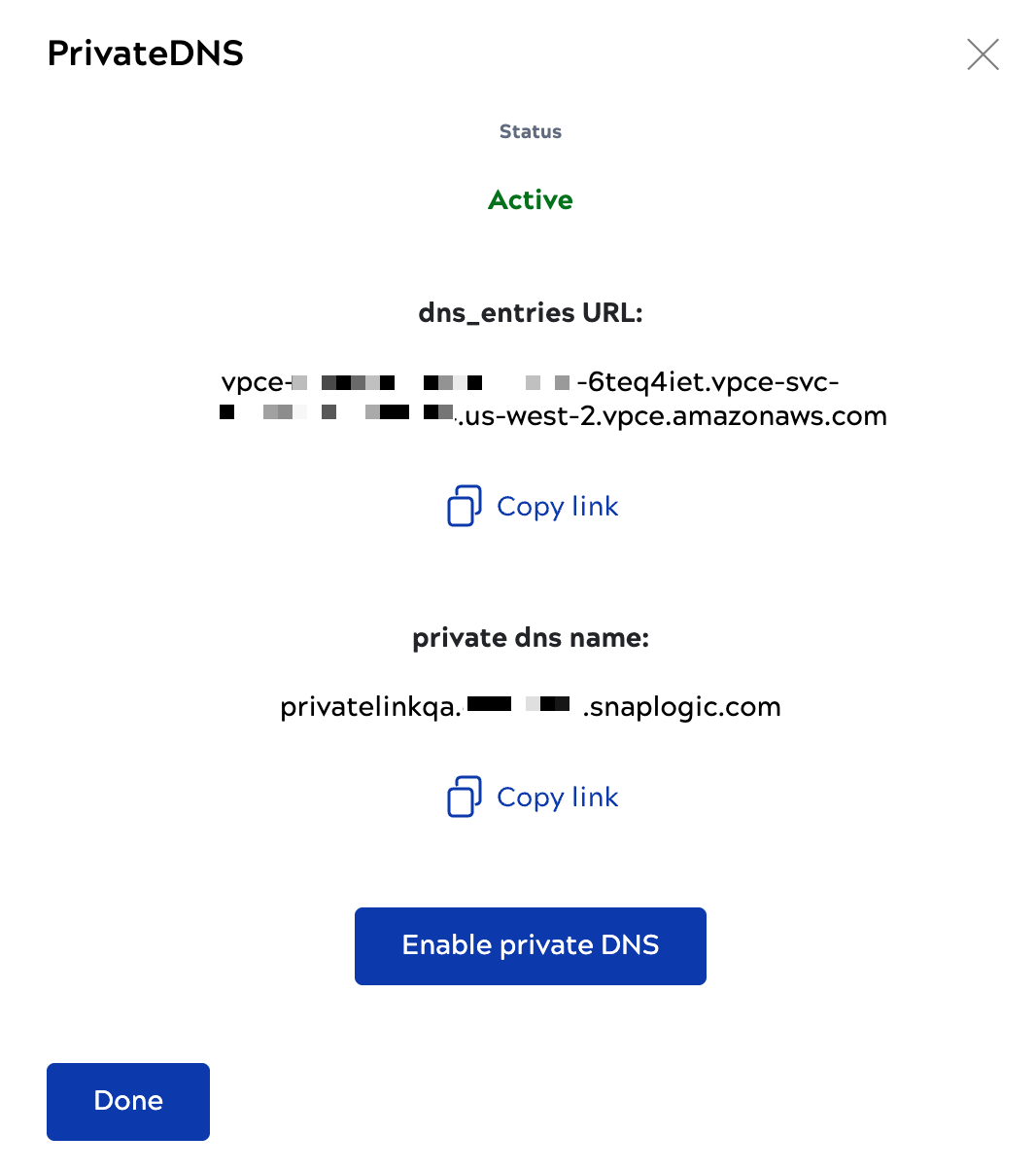 Modal showing dns_entries URL to copy