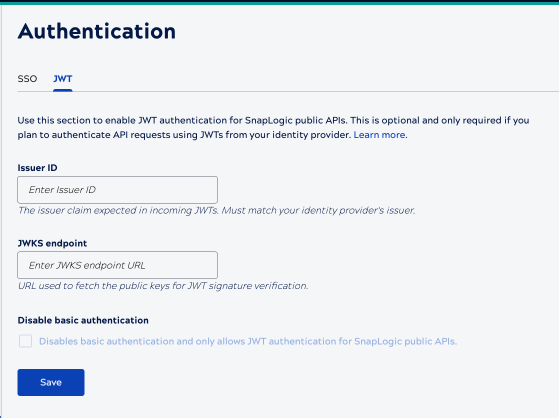 Configure the environment to use JWTs for SnapLogic Public API authorization.