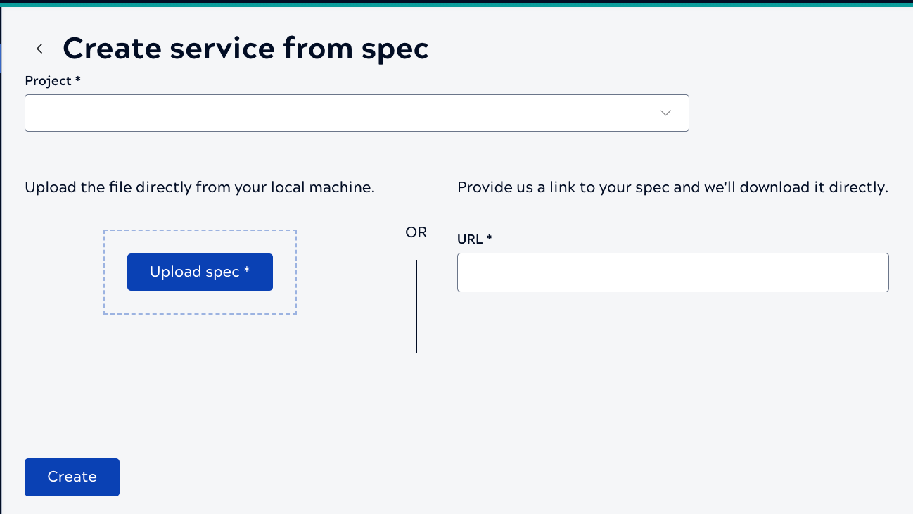 Create Service from a specification panel