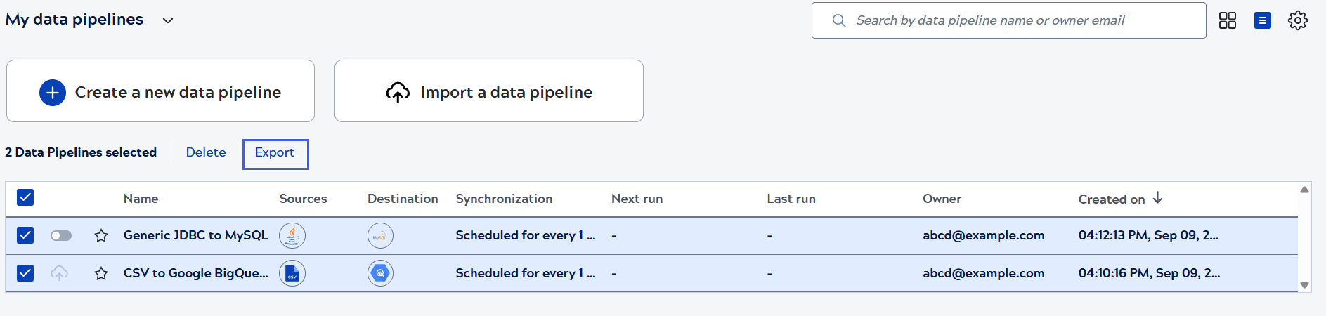 Export data pipeline