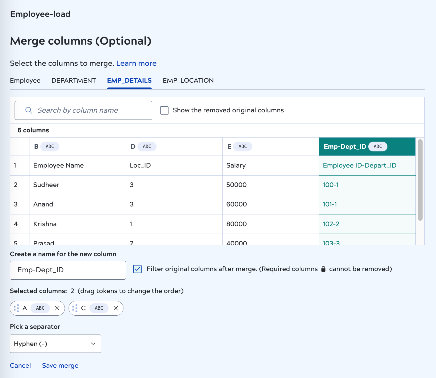 Merge columns two columns selected