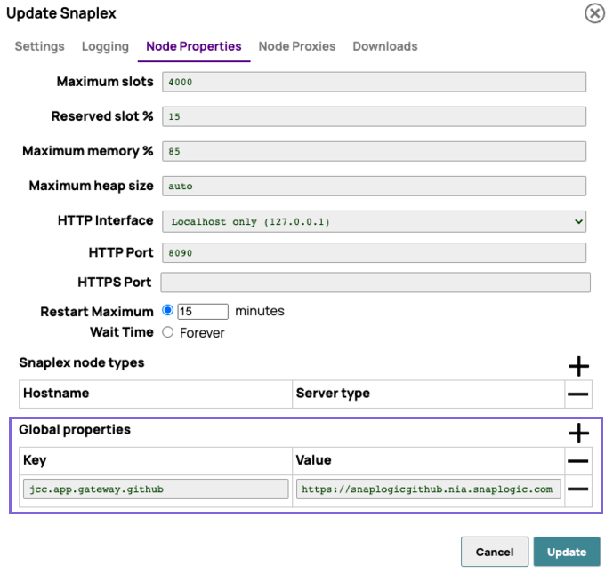 On-premises Git configuration on Snaplex Node Properties tab