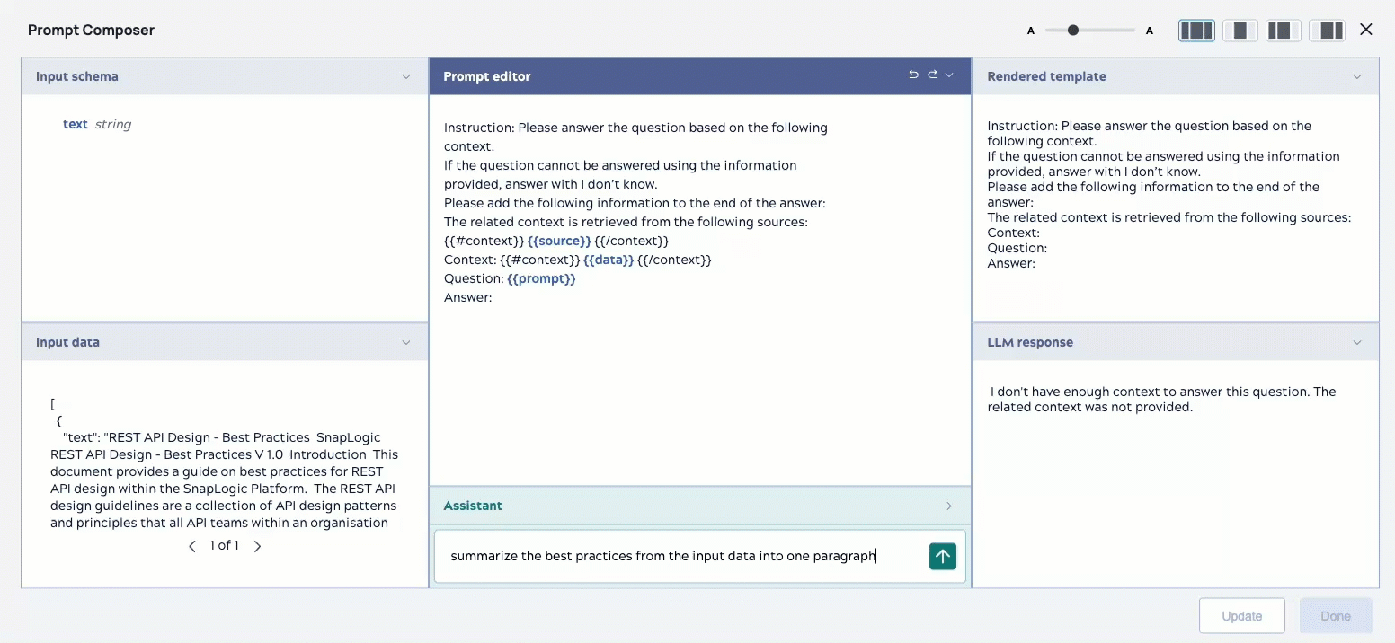 The repeating short video shows how SnapGPT for Prompts generates a prompt to summarize the input data.