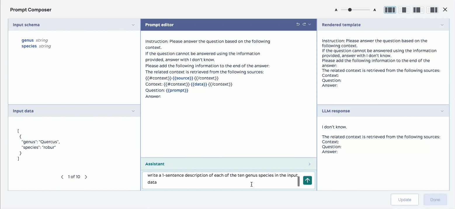 The repeating short video shows how SnapGPT for Prompts applies mustache template syntax natural language.