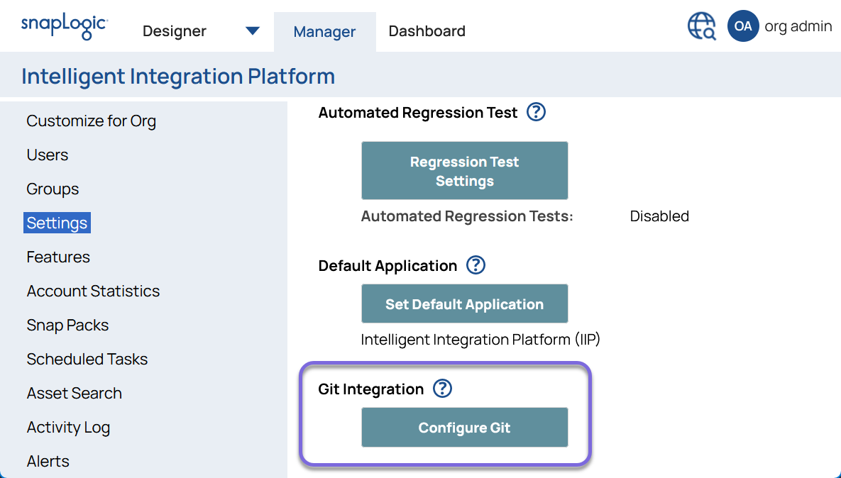 Manager - Settings - Git Integration