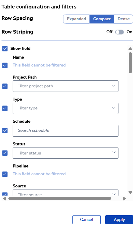Asset catalog table configuration and filters menu