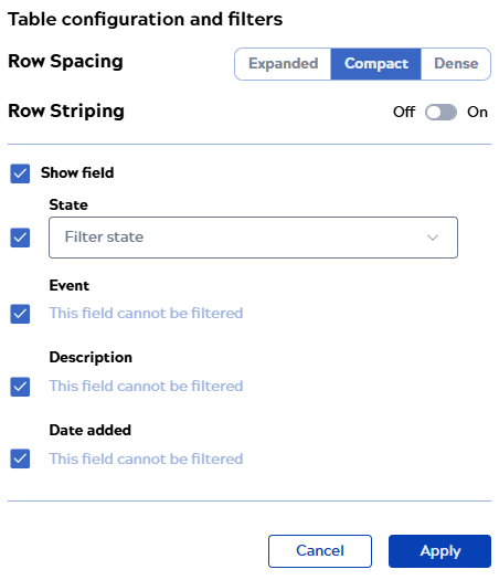 Table configuration and filters