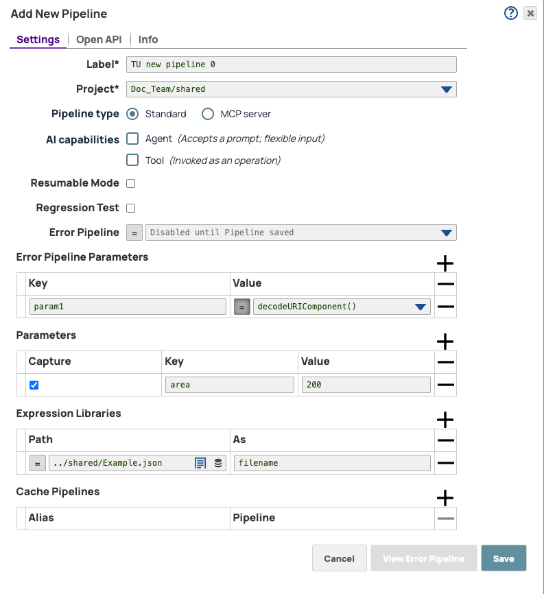 Create pipeline settings