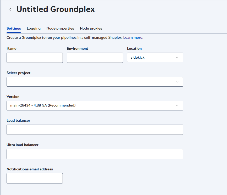 The Settings tab in the Add Snaplex screen