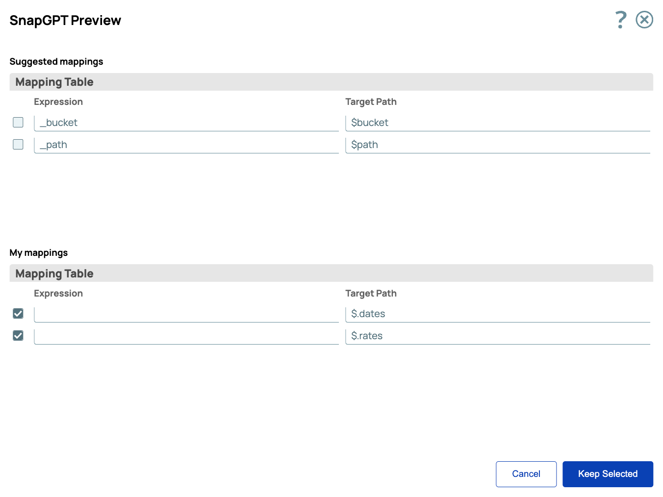 Preview of auto-generated mappings