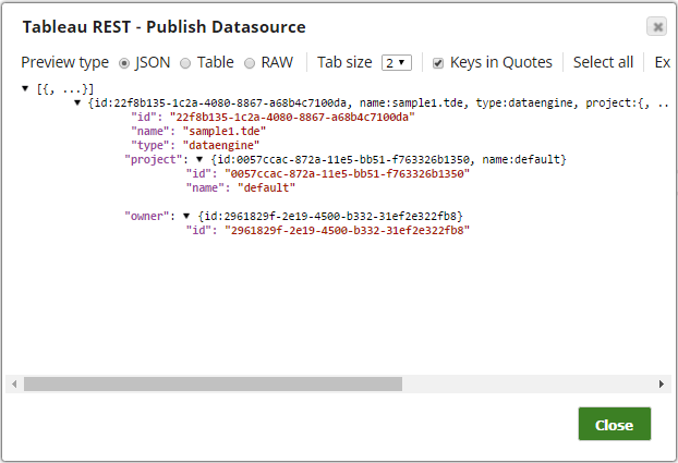 Tableau REST Snap output