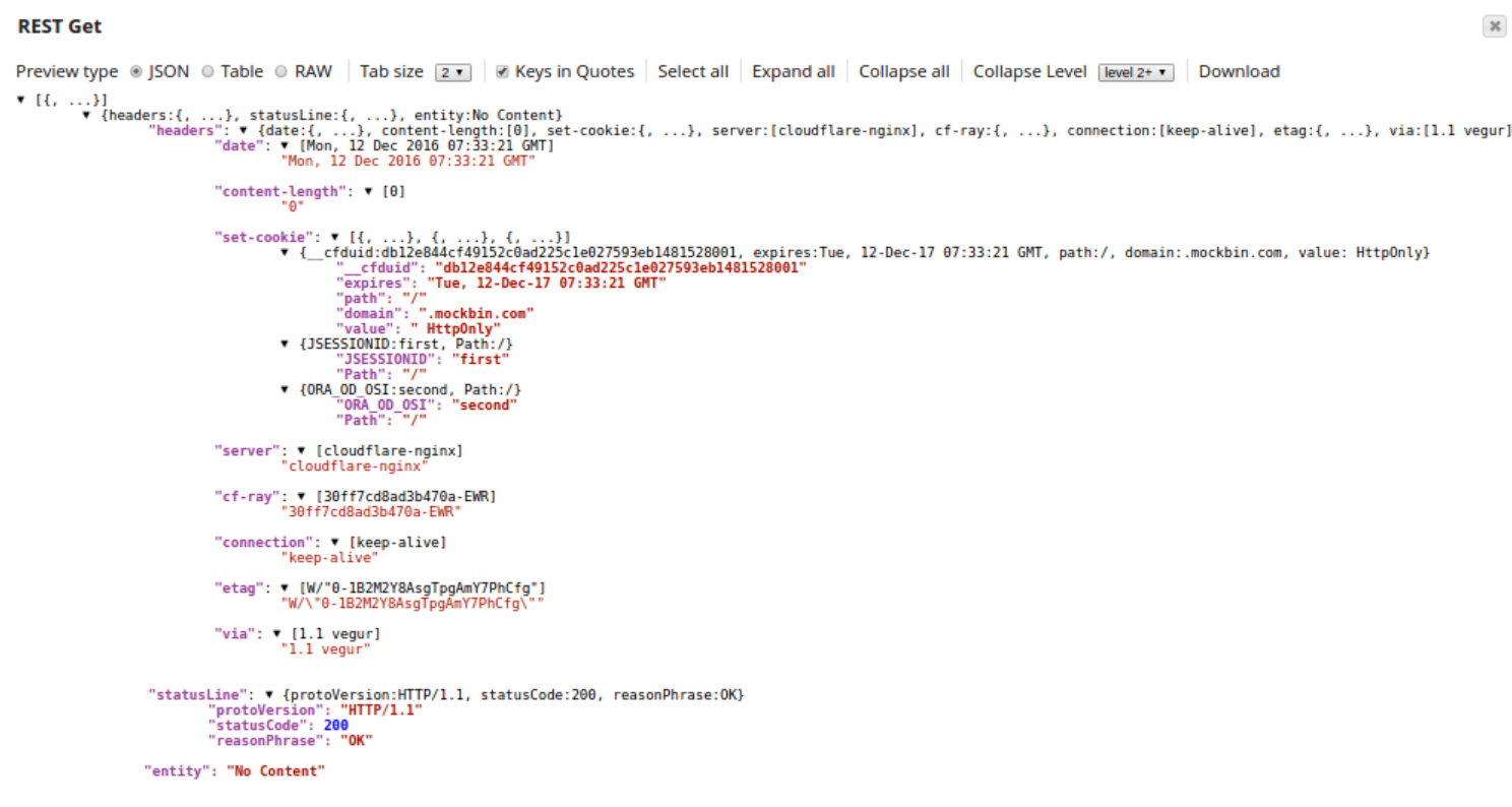 Output showing multiple cookies under 'set-cookie' header