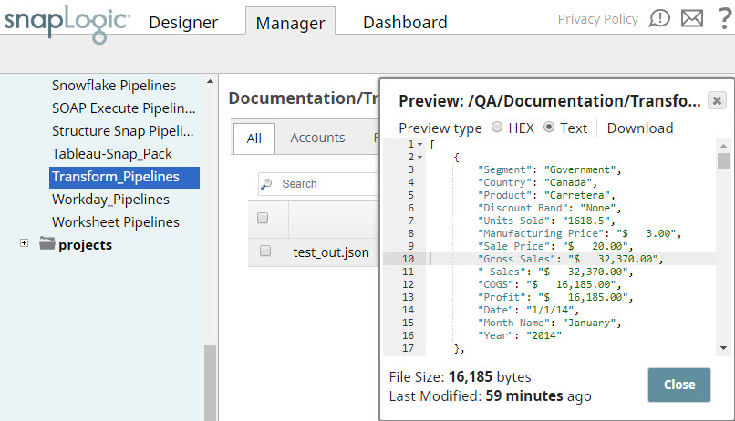File saved in SnapLogic Manager